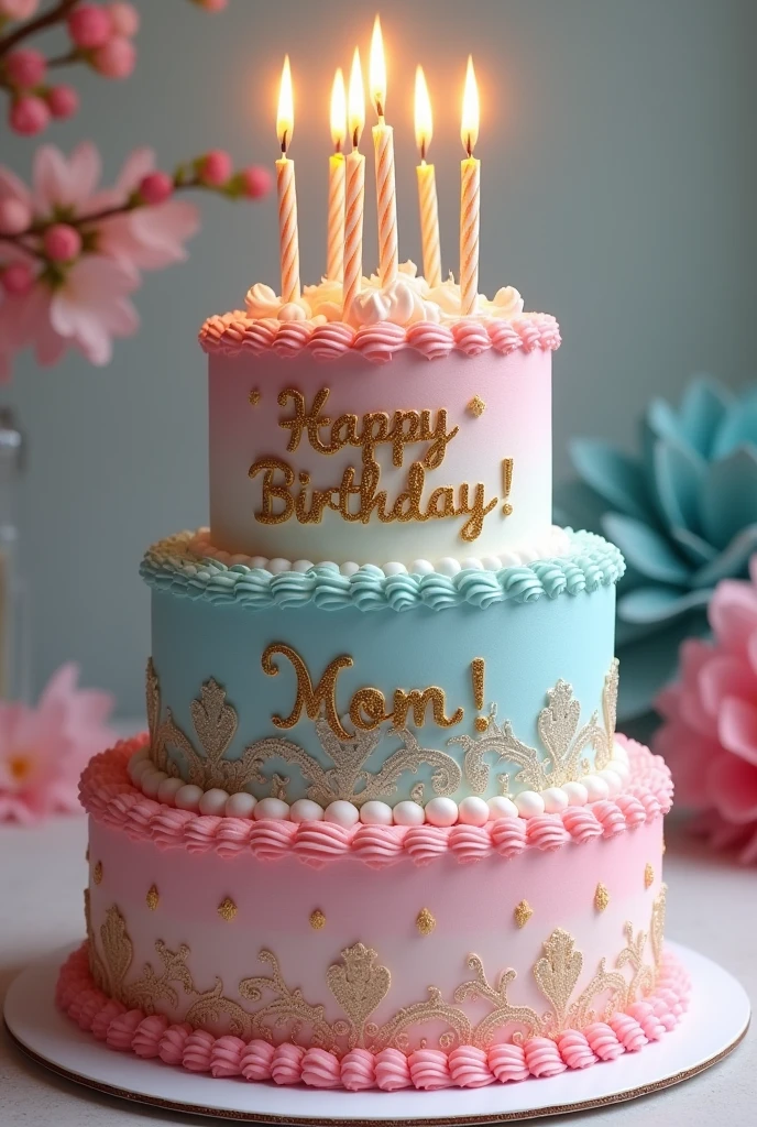 Imaginez un gâteau rond à plusieurs étages, avec un glaçage crémeux en dégradé de rose, bleu et blanc. Chaque étage est décoré de motifs élégants, et le sommet est orné de bougies scintillantes. Au centre, l'inscription "Joyeux anniversaire, Maman !" est écrite en lettres cursives dorées. Vous pourriez utiliser cette description pour demander à un artiste ou un créateur d'images à réaliser !
