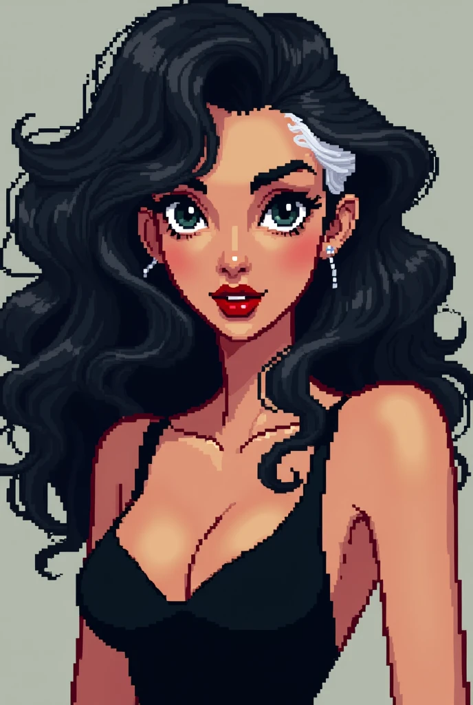 brunette woman curly layered hair defined white streak, black gown, Brown eyes, reddened mouth, dark eyes, big and wide face, Disney pixel animation style wide nose