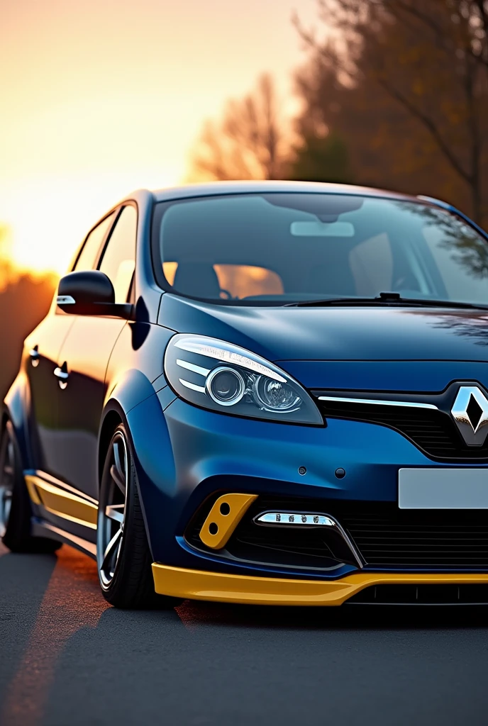 Tuning of a Renault Scenic II 2007 in twilight blue with burnt yellow bumpers