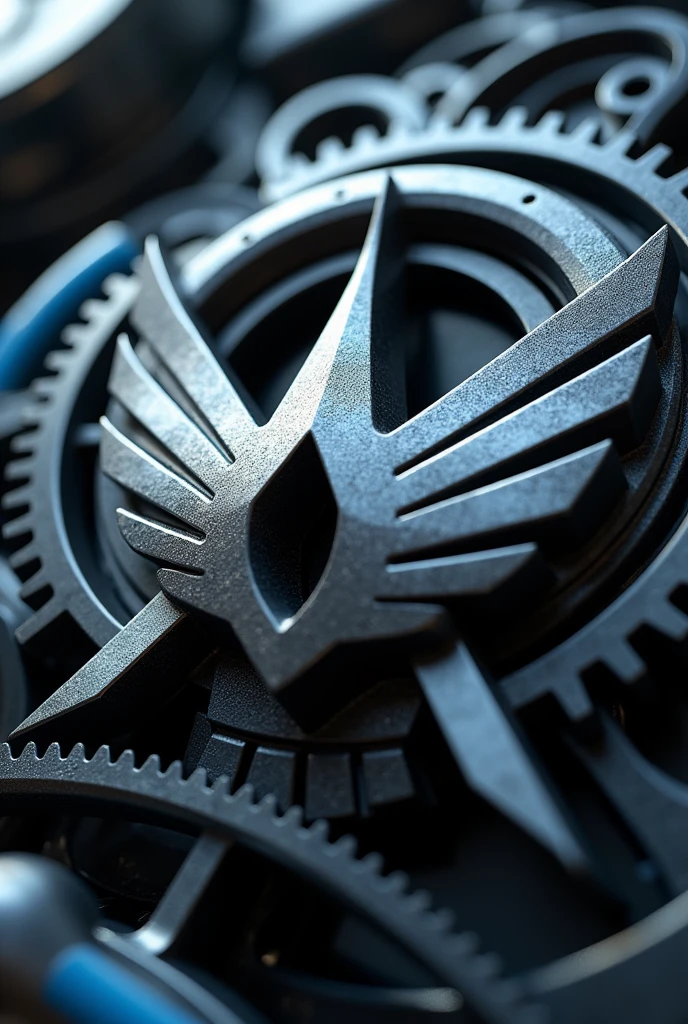 a detailed logo for altair motors, 3d render, highly detailed, machine, gear, altair symbol, metallic, industrial, sleek, futuristic, dynamic, intricate, mechanical, silver, gray, black, blue accents, photorealistic, cinematic lighting, 8k, best quality