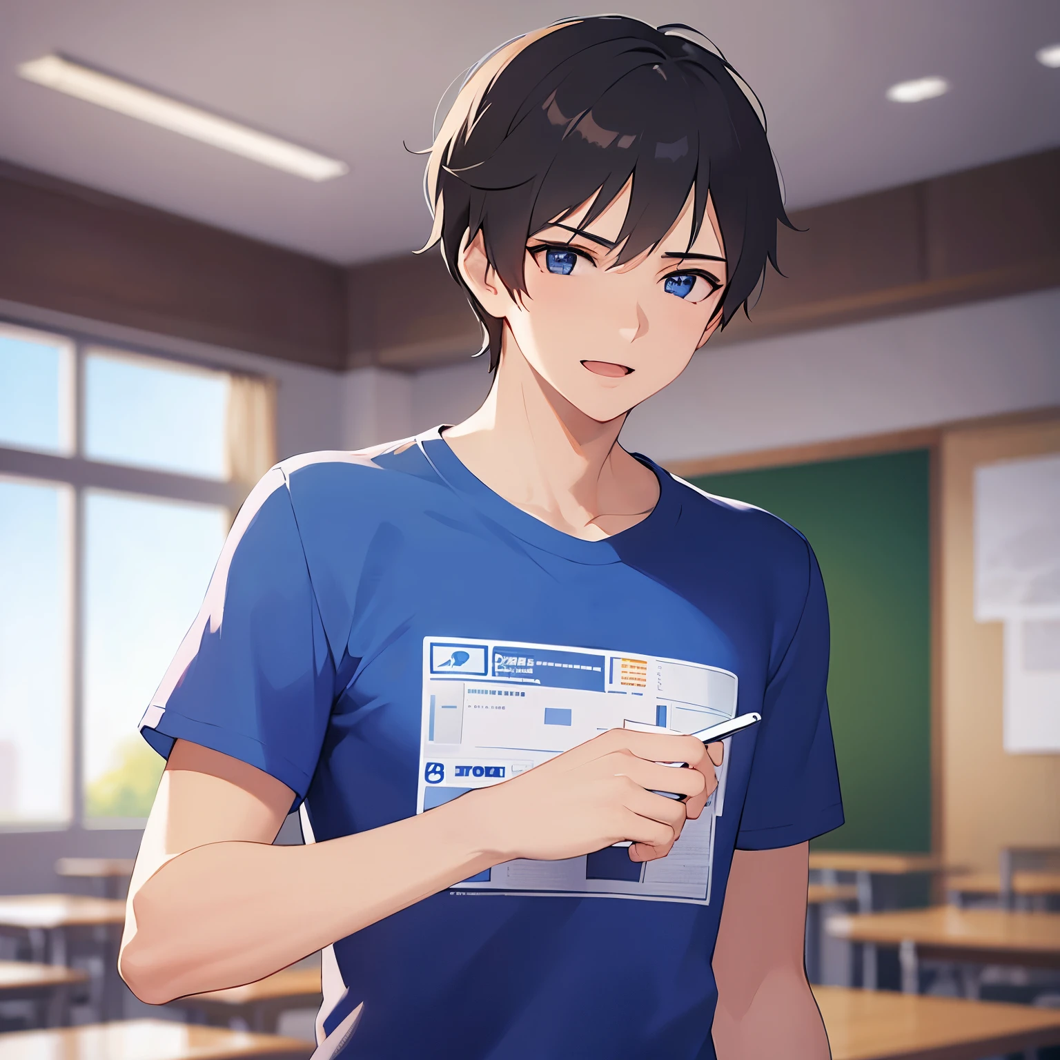 masterpiece,Highest quality,upper body,shiny skin,BREAK (20-year-old male:1.5) and (Black short hair) and (Blue eyes)BREAK,Blue T-shirt,The background is the classroom,(smile),(open mouth),Alone