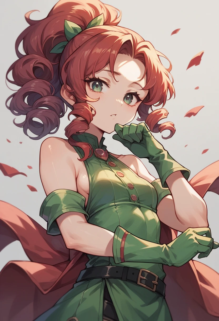 A nice girl, Red poetry, curly ponytail, Chestnut eyes, Exciting Features, Small breasts, green gloves, black belt,