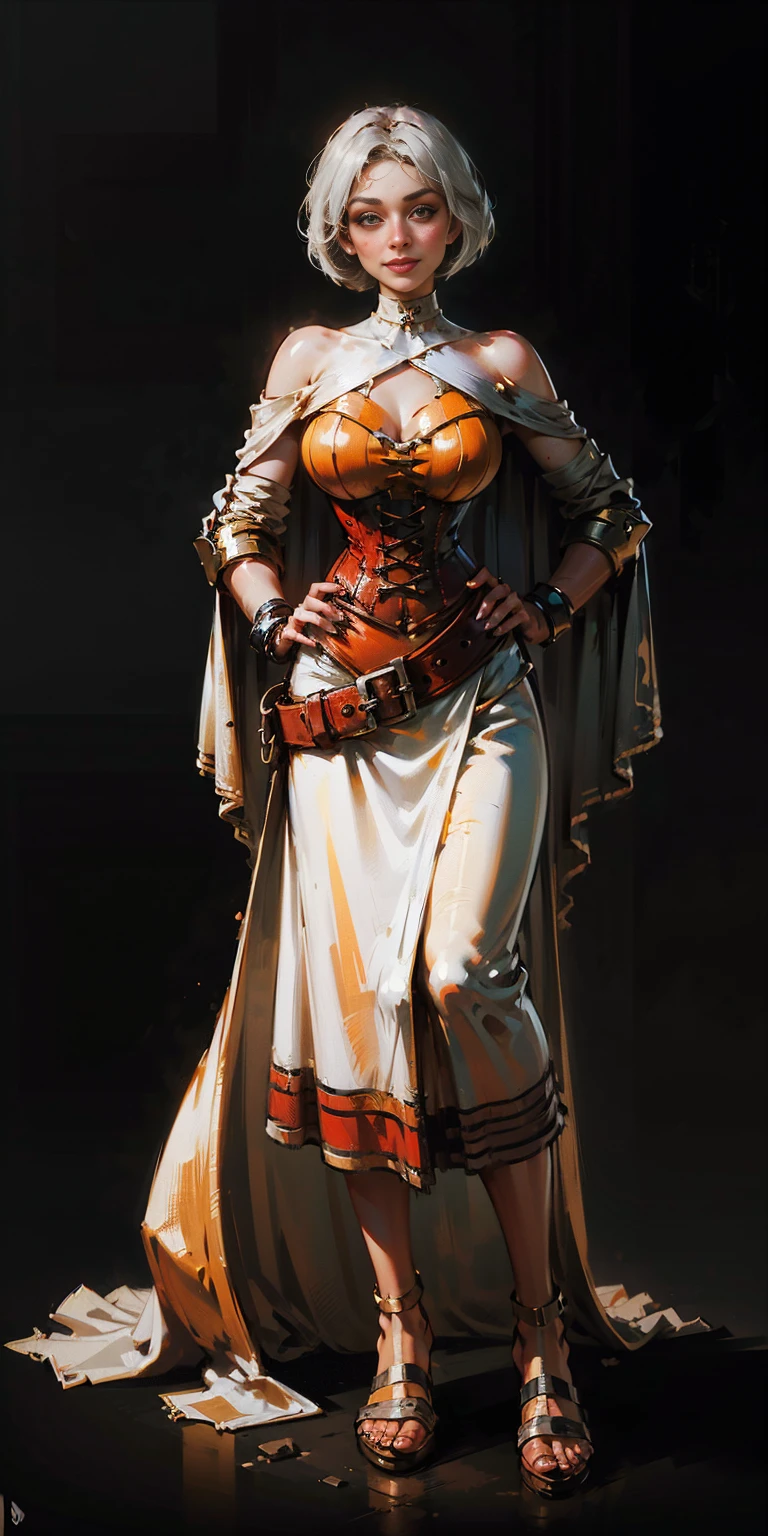 ((BLACK BACKGROUND,1:2, masterpiece)), full body MILF BIMBO standing with two long thighs and two metal sandals, red eyes, silver white hair, short bob style hair, big breasts, cleavage, separate sleeves, tiara royal, long cape up to two feet, yellow bikini, hands on waist, navel, lustful smirking smiling, smile face (red blushed, red cheeks), metal shoulders, gold sleeveless armbands, black leather choker slave collar, shackle bracelets, sex slave red crest, pauldrons, breastplate, corset, eye focus, full body, whole body. 1solo . slave fighter, loincloth standing, hands on hips, metal sandals, backpack, choker, big belt, view from below, feet together, bracers, tiara)