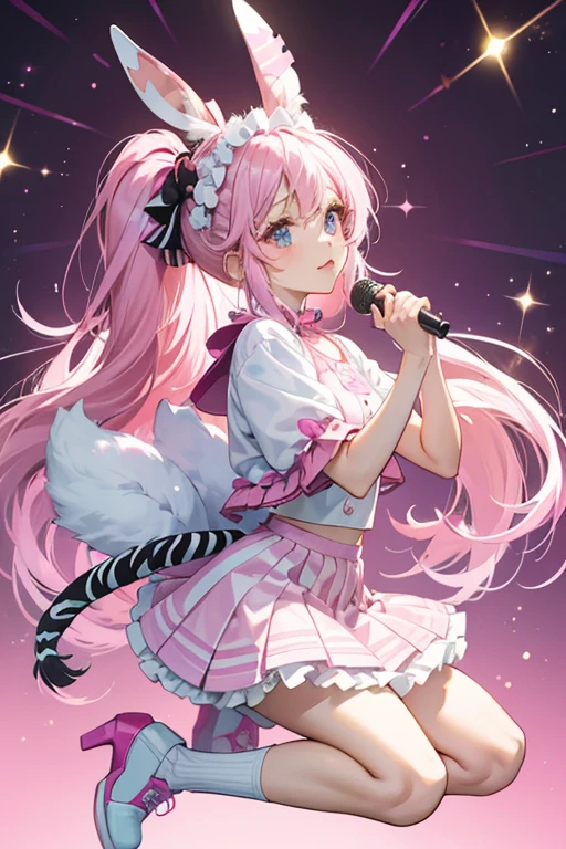 Zadie is a light purple doll with white/pink crimped hair, zabra tail and ears.
Her top is pink with a zebra design and her skirt is white with a black/pink zebra design.
She wears pink shoes and has an orange headpiece. SPARKLE; GLITTER
