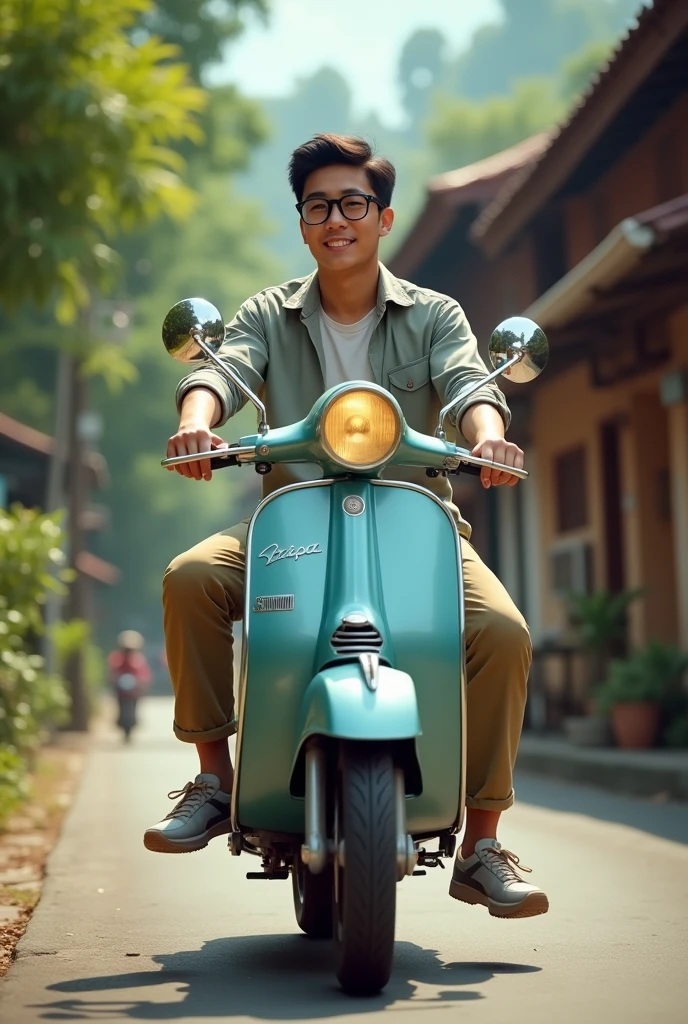 One Asiatic malay man, 29 year ,glasses,casual shirt, cargo pants, sneakers rides vespa kalsik's motorcycle in the beautiful village outdoors