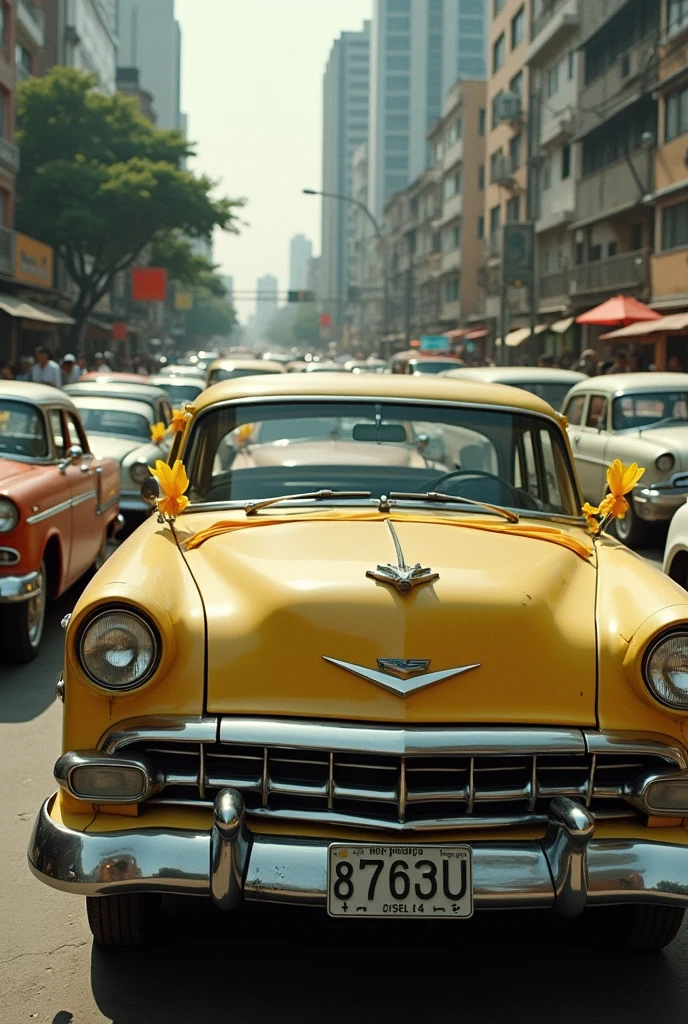 Many old cars with yellow ribbons tied to their side mirror in the street of EDSA in 1986