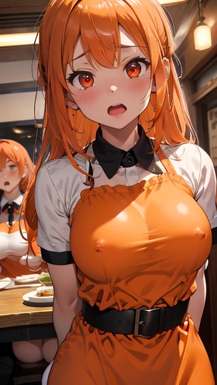 mastute piece,Best Quality,insanely detailed,8k cg,nsfw,
(shoot upper body:1.3),
(1girls:1.3),standing,looking at viewr,body in front,(arms behind back:1.4),(light orange waitress costume:1.4),(bare breasts:1.2),break,
blush,shy,(ecstasy face),(trembling:1.2),break,(light orange hair:1.2),
break,
perfect breasts,perfect teats,(open mouth:0.9),(large breasts:1.2),
(restaurant:1.1),