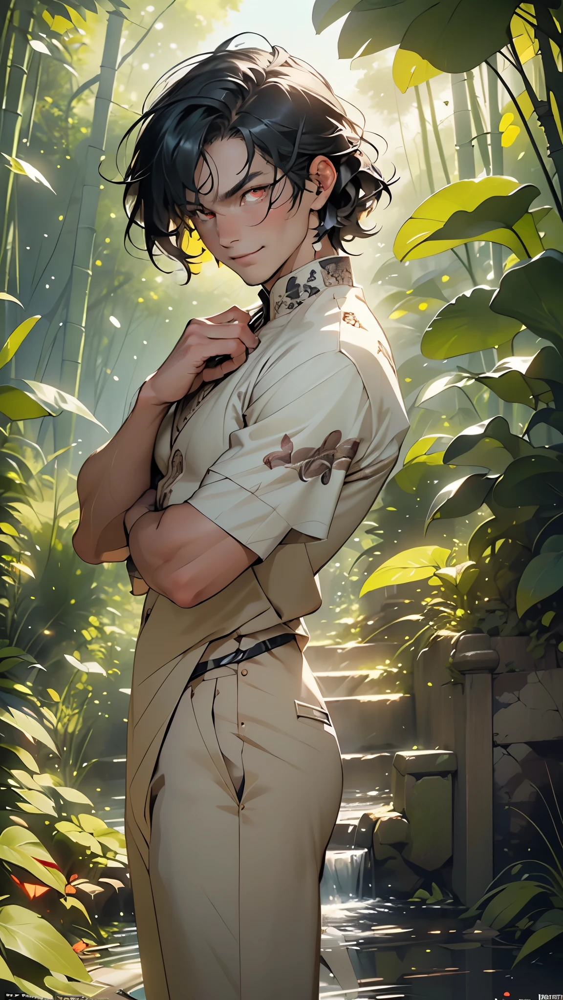 (man:1.5),1 man,ronin adventure man,(((1man))),
(((1male,man:1.5,handsome man,male,male gender:1.5,male focus))),macho man,
((large black hair,disheveled hair,black hair,slicked hair)),(((lustrous skin:1.5,tanned skin,bright skin: 1.5,skin tanned,shiny skin,very shiny skin,shiny body,illuminated skin))),(((red_eyes:1.2))),intricate eyes,beautiful detailed eyes,symmetrical eyes,man chest,handsome face,((muscular,muscular man)),(((detailed face))),
alluring look,nsfw,
ronin suit pants,((bulge in pants)),((ronin suit outfit, red ronin suit,short sleeve ronin suit)),(wearing a ronin suit outfit:1.3,ronin suit clothes),((intricate outfit,intricate clothes)),
(dynamic pose:1.0),solo focus,((evil smile,evil look)),(centered,scale to fit dimensions,Rule of thirds),
outdoors,(waterfall,bamboo,river,bamboo forest,japanese temple,red lanterns burning,temple in the forest,mossy stairway in the temple,dilapidated temple,bamboo sanctuary,),scenery,extremely scenery,(puddles everywhere,moss,moss on the background),clouds,lily pads,(sunset, golden hour),
(Glossy japan ornaments),highres,sharp focus,(ultra detailed,extremely detailed),(photorealistic artwork:1.37),(extremely detailed CG unity 8k wallpaper),(((vibrant colors,vibrant theme))),(intricate),(masterpiece),(best quality),artistic photography,(photography taken by sldr),(intricate background),perfect rendered face,perfect face details,realistic face,photo realistic,((intricate detail)),(((realism))),