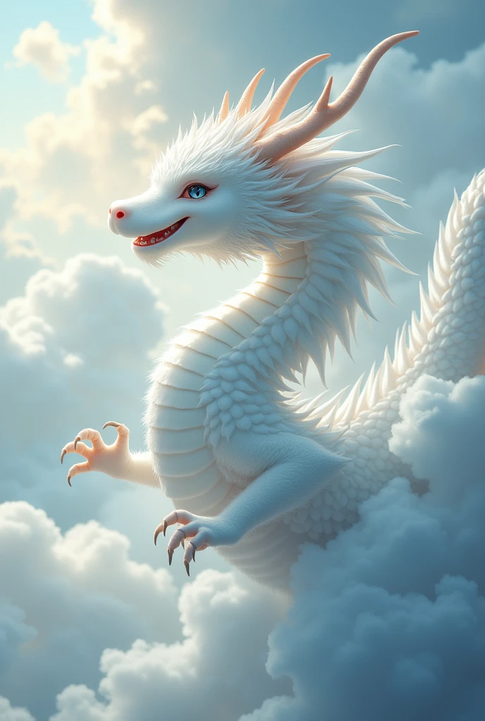 masterpiece, Highest quality,Japan Dragon God、white dragon、smiling gently、With fluffy fur。Its face is facing upwards and it is flying towards the sky。The background is a sea of clouds。No wings、Sparkling and kind eyes、The whole body is visible、Long and slender body、Five nails on the hands