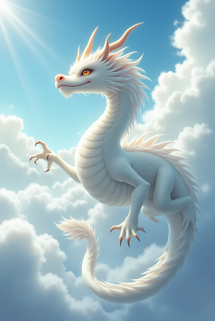 masterpiece, Highest quality,Japan Dragon God、white dragon、smiling gently、With fluffy fur。Its face is facing upwards and it is flying towards the sky。The background is a sea of clouds。No wings、Sparkling and kind eyes、The whole body is visible、Long and slender body、Five nails on the hands