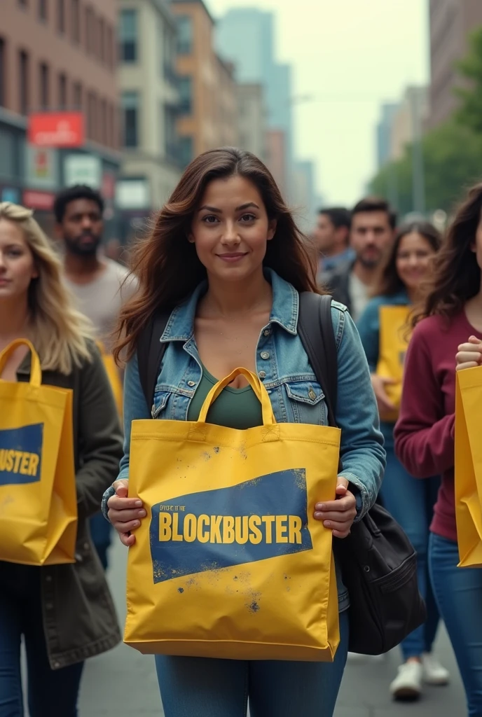 several people with bags that say blockbuster
