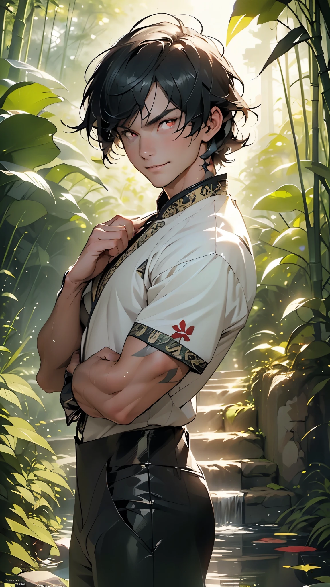 (man:1.5),1 man,ronin adventure man,(((1man))),

(((1male,man:1.5,handsome man,male,male gender:1.5,male focus))),macho man,

((large black hair,disheveled hair,black hair,slicked hair)),(((lustrous skin:1.5,tanned skin,bright skin: 1.5,skin tanned,shiny skin,very shiny skin,shiny body,illuminated skin))),(((red_eyes:1.2))),intricate eyes,beautiful detailed eyes,symmetrical eyes,man chest,handsome face,((muscular,muscular man)),(((detailed face))),

alluring look,nsfw,

ronin suit pants,((bulge in pants)),((ronin suit outfit, red ronin suit,short sleeve ronin suit)),(wearing a ronin suit outfit:1.3,ronin suit clothes),((intricate outfit,intricate clothes)),

(dynamic pose:1.0),solo focus,((evil smile,evil look)),(centered,scale to fit dimensions,Rule of thirds),

outdoors,(waterfall,bamboo,river,bamboo forest,japanese temple,red lanterns burning,temple in the forest,mossy stairway in the temple,dilapidated temple,bamboo sanctuary,),scenery,extremely scenery,(puddles everywhere,moss,moss on the background),clouds,lily pads,(sunset, golden hour),

(Glossy japan ornaments),highres,sharp focus,(ultra detailed,extremely detailed),(photorealistic artwork:1.37),(extremely detailed CG unity 8k wallpaper),(((vibrant colors,vibrant theme))),(intricate),(masterpiece),(best quality),artistic photography,(photography taken by sldr),(intricate background),perfect rendered face,perfect face details,realistic face,photo realistic,((intricate detail)),(((realism))),
