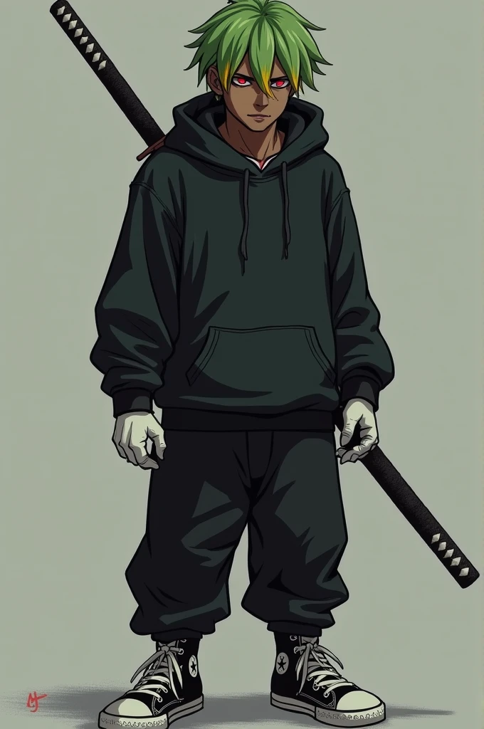 Man with green hair and yellow tips and red eyes with a katana, with a black sweatshirt with a hood and soft black pants with white gloves, dark skin tone, more clearly, with a psychopathic look, with some black and white boot tennis shoes