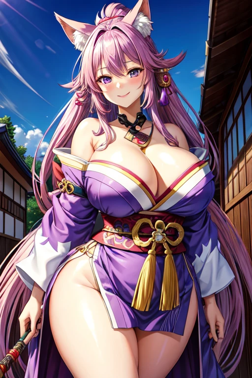 masterpiece, Best Quality,several girls, old, (2 girls:1.3), Yae Mico, Shogun Raid, purple eyes, pink hair, japanese clothes, purple hair, (gigantic old:1.4), by the wide, neckline, hair ornament, thighs, purple kimono, thighs, hits, animal ears, separate sleeves, fox ears, wide sleeves, kimono, officer, weapon, braid,(KBXLLL:0.8),mature woman,thick thighs,
plump figure,smile,