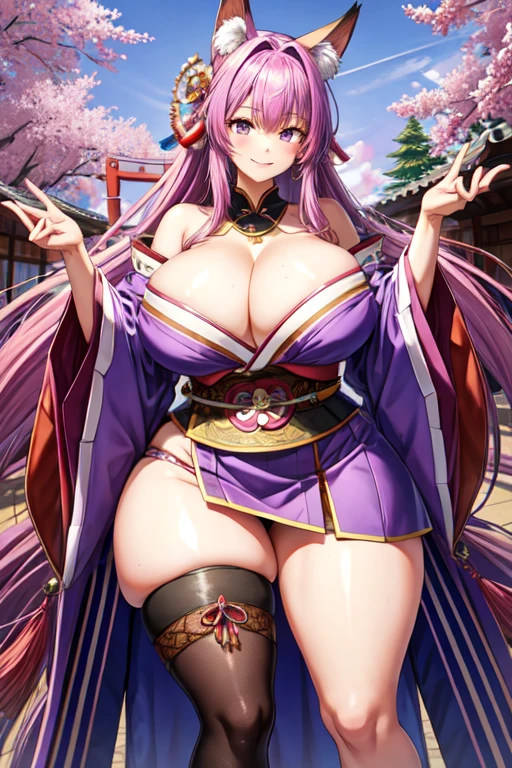 masterpiece, Best Quality,several girls, old, (2 girls:1.3), Yae Mico, Shogun Raid, purple eyes, pink hair, japanese clothes, purple hair, (gigantic old:1.4), by the wide, neckline, hair ornament, thighs, purple kimono, thighs, hits, animal ears, separate sleeves, fox ears, wide sleeves, kimono, officer, weapon, braid,(KBXLLL:0.8),mature woman,thick thighs,
plump figure,smile,