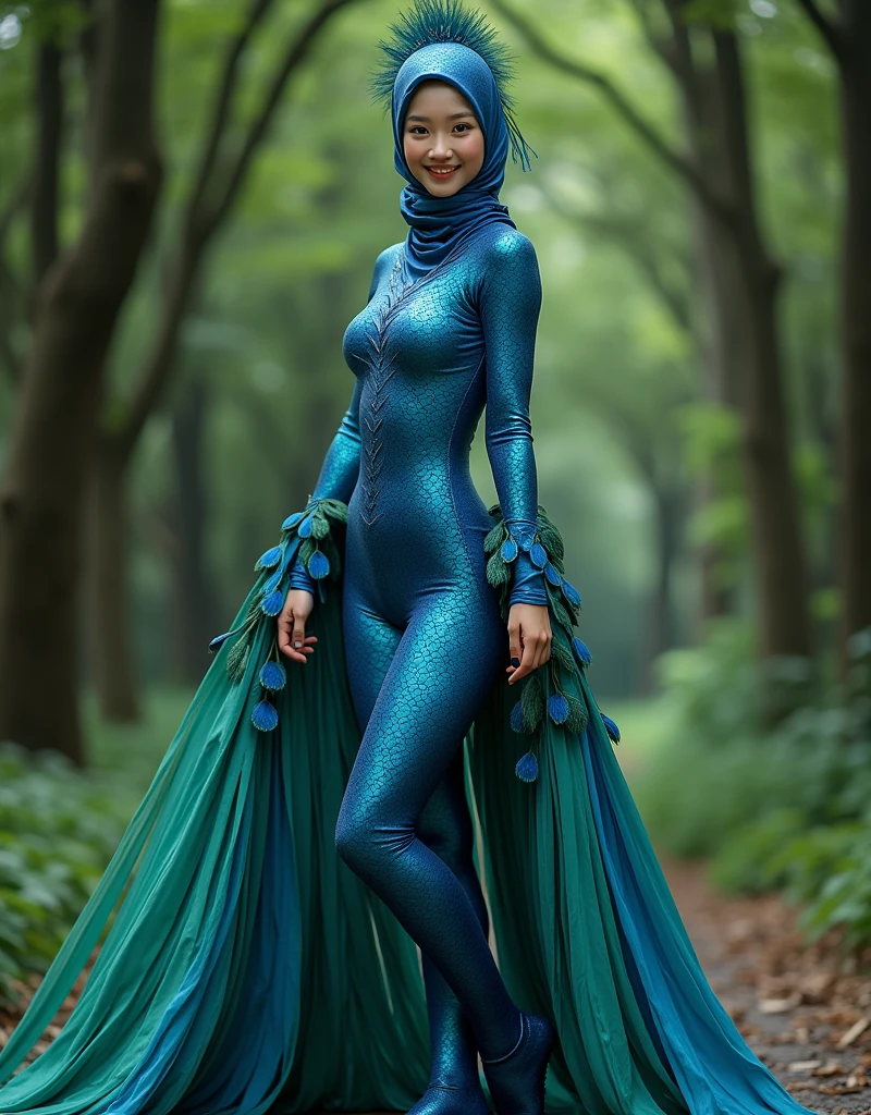 The beautiful and tallest chinese contortion adult girl with beautiful cheeks wears blue beautiful peacock full lycra dancewear turtleneck unitard catsuit covered with scales that has a huge green tail and blue lycra elastane dancewear hijab-like zentai hood.She is happy at forest to practice drama performance.