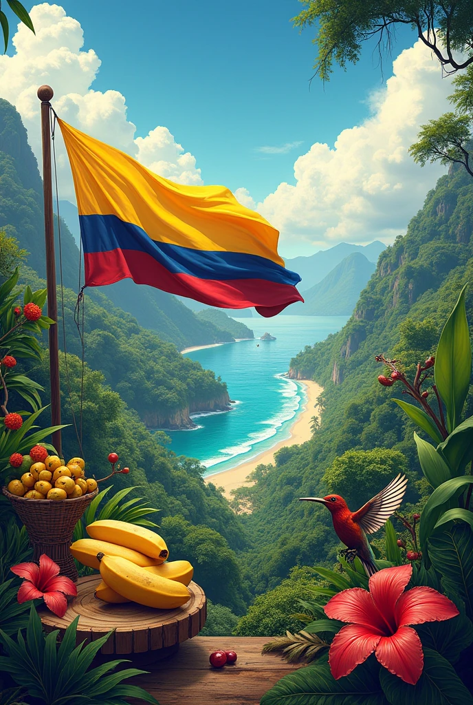 A background that shows a mix of landscapes such as the Andes mountains, Caribbean beaches, and the Amazon.
The Colombian flag waving, accompanied by elements such as the arepa, the coffee, or tropical fruits like bananas.
Iconic animals and plants like the orchid, the Condor, the jaguar, or the hummingbird.