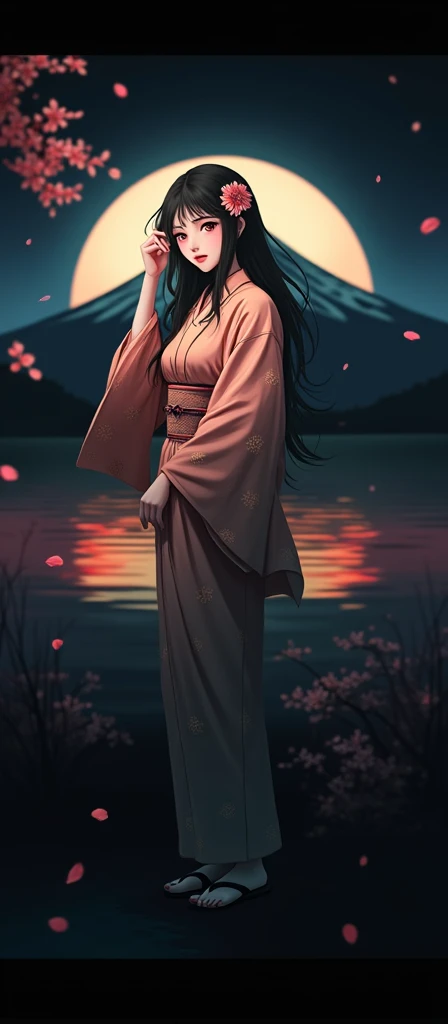 best qualityer, work of art, extremely detailed, detailed background, detailed eyes, アニメ, 1 girl, gorgeous eyes, Youngh, long hair girl, expressive face, kimono, retro, paisaje do monte fuji, plein-air, sunset, Beautiful sky, picnic at the lake, paisaje, Scenario, horizon, mountain sitting near the mountain, Tuuli, flower petal, spring time, looking away, atmospheric lighting, reflection, naturalist, detail, 真实感. relaxation, Beauthfull, focus only, close up, from sideways, Depth of field, bokeh
