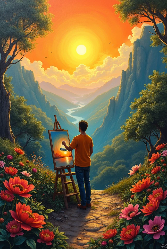 An artist painting a canvas filled with bold, vibrant colors, symbolizing the idea of each day being a new opportunity to create and live boldly. The background shows an inspiring landscape filled with bright sunlight and blooming flowers, radiating positivity and creative energy.