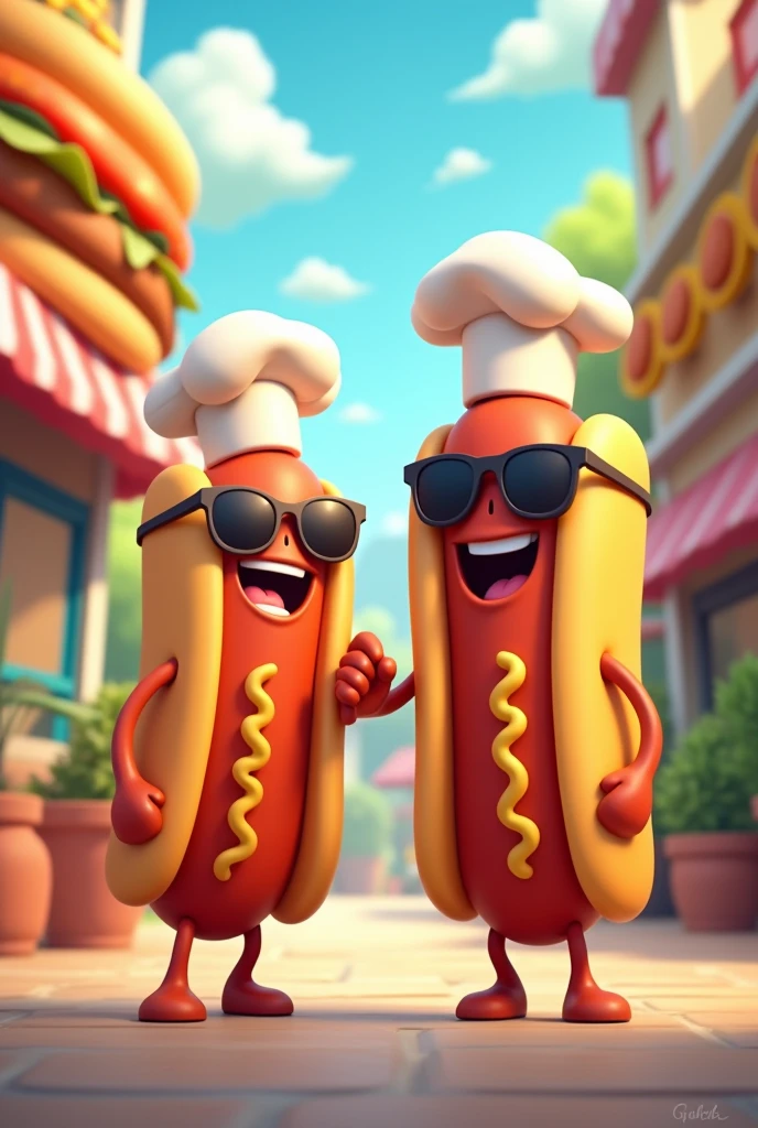 Fast Food logos: 2 hotdogs characters 2d with hands in cartoon with sunglasses, and chef hat (characters different sizes)