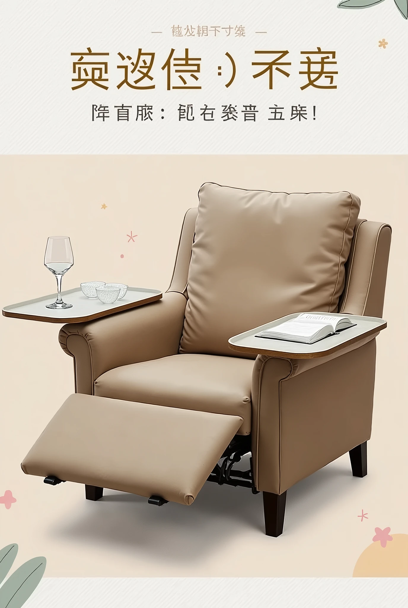 An armchair for meals, that has an armrest with a tray, that stays on the lap, and with a footrest underneath, very comfortable