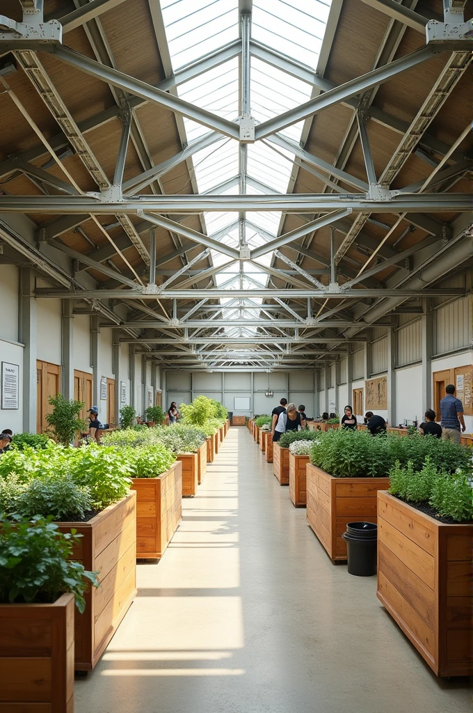 Interior of an architectural space for agricultural training for older adults, built only with steel scaffolding and no wood