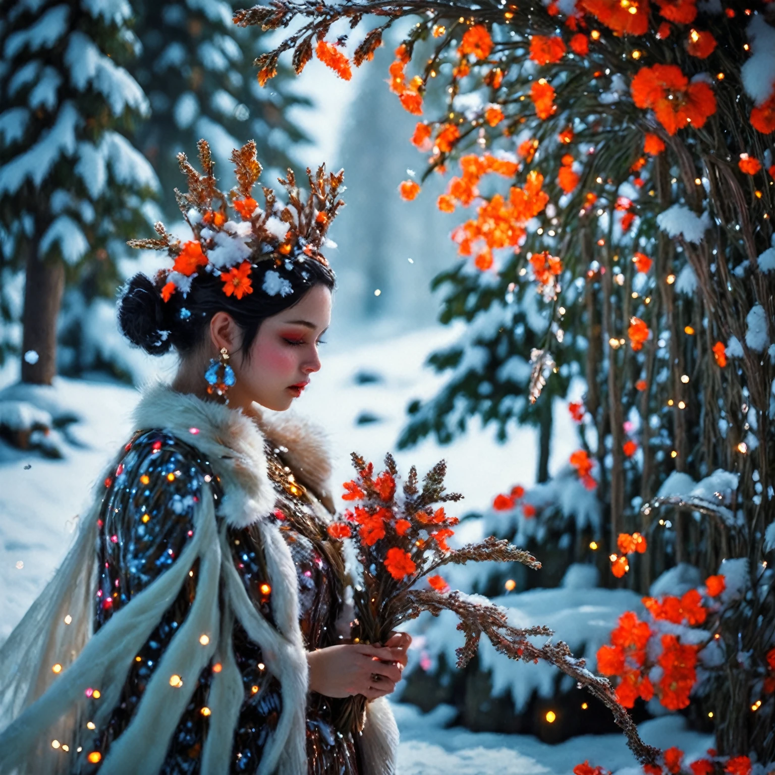 Winter Queen beautiful Swedish lady wearing a gaussian gown made of snow, a diminutive gently crying pixie with tears as big as dew drops sitting in the falling snow on a leaf covered by moss under a large flower with a hole in it where snow drops gets in, snowy forest background, tiny flowers, sparkling with dew and snow flakes, red orange and yellow colors through dappled sunlight, all is covered by snow