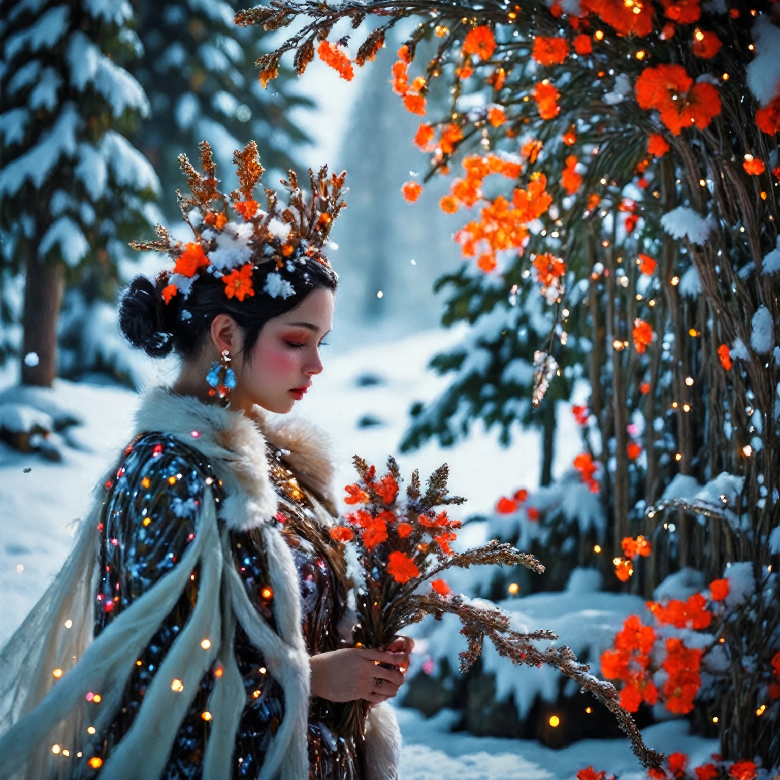 Winter Queen beautiful Swedish lady wearing a gaussian gown made of snow, a diminutive gently crying pixie with tears as big as dew drops sitting in the falling snow on a leaf covered by moss under a large flower with a hole in it where snow drops gets in, snowy forest background, tiny flowers, sparkling with dew and snow flakes, red orange and yellow colors through dappled sunlight, all is covered by snow