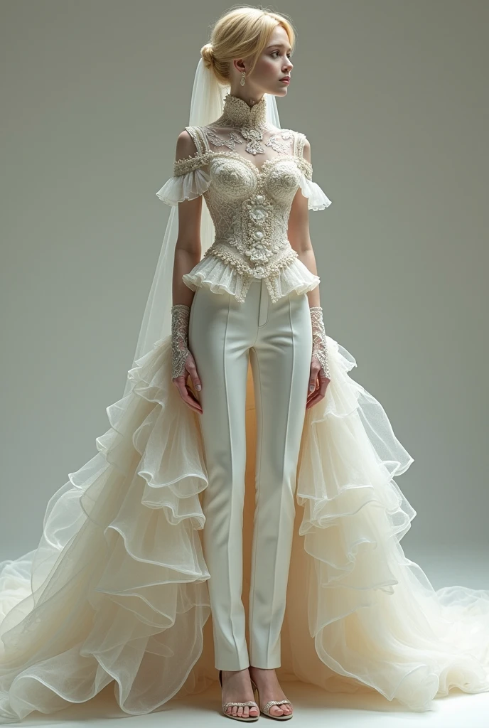 thin androgynous man, with blonde hair, rococo wedding dress. She wears a unique outfit that combines a dress with very tight dress pants.. The trousers are complemented by an impressive dress train that starts from the waist., with lots of tulle and lace. the top, a high neck with full lace at the waist, with short sleeves without transparencies, decorated with delicate ruffles and glassware details that add a touch of luxury. The ensemble is completed with a bridal veil in layers of more than five meters., elbow length lace gloves