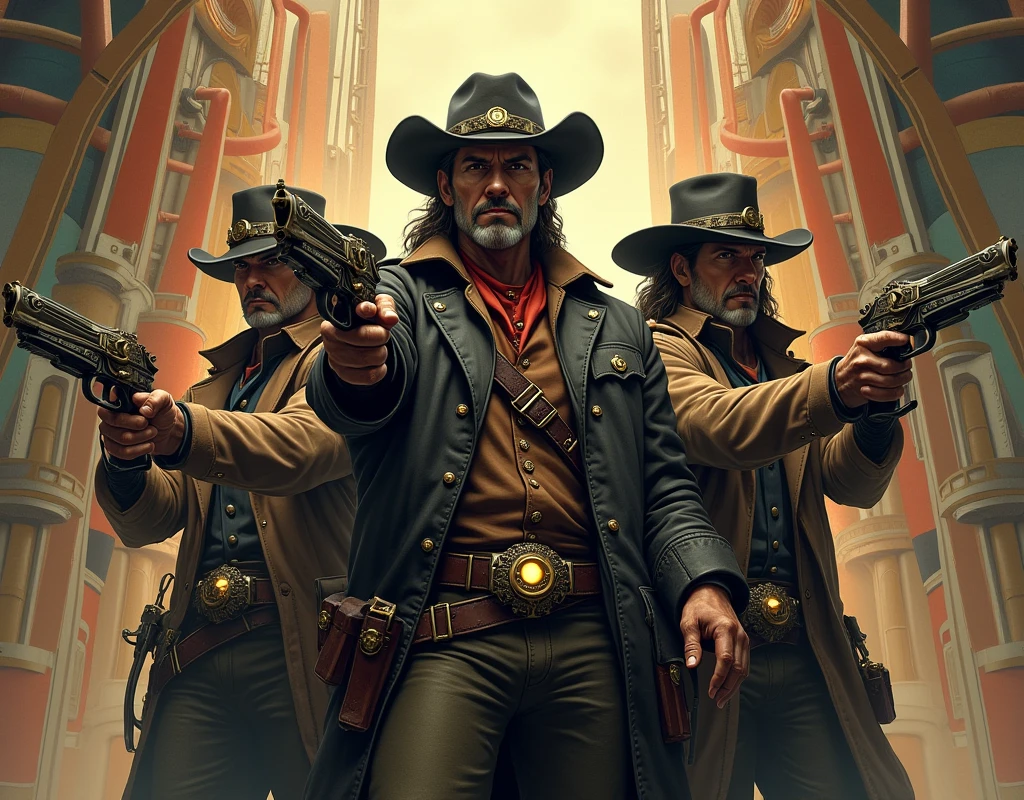 steam punk western bandits holding guns with art deco backdrop