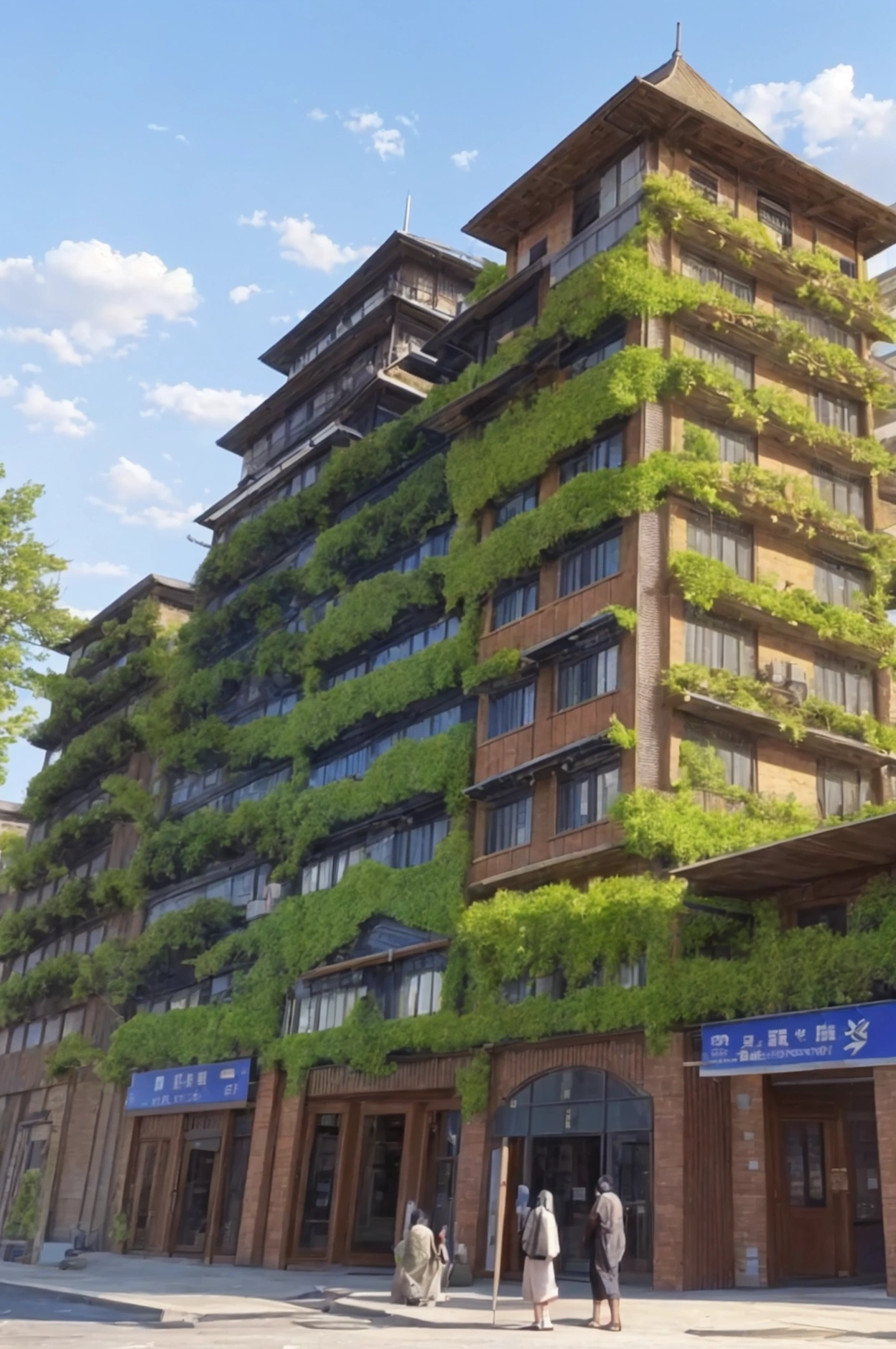 500 years after the decline of humanity　The buildings are in harmony with goodwill.,A new ecosystem is emerging,The new human race living there、Clear sky,