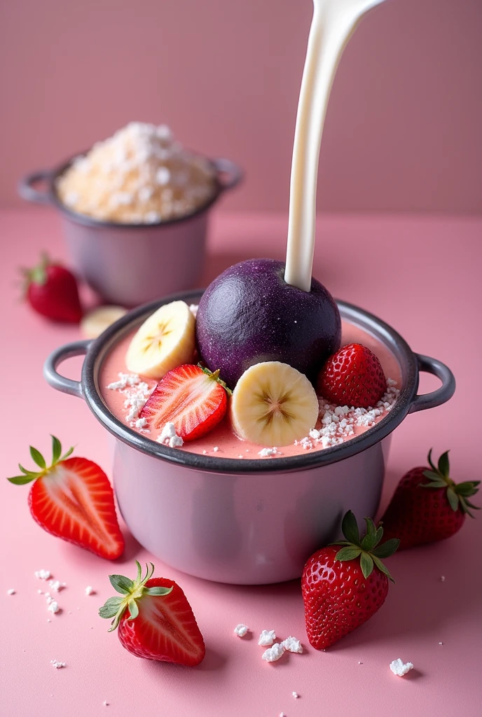 pot of assaí with various items such as banana slices, strawberries, powdered milk and condensed milk and another pot with pure assaí