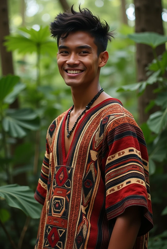 Show me a gay man between 20 and 30 years old from the Shipibo Konibo culture and his clothing, which is a tunic with a kené texture in the form of squares.