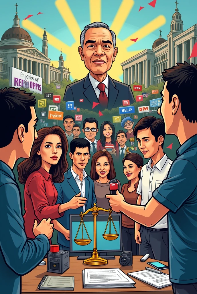 Make a cartoon 2d showing The relationship between the Philippine government and Philippine media.