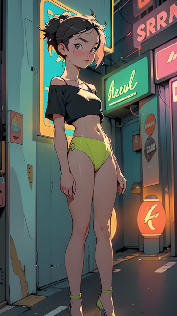 ((masterpiece, highest quality, Highest image quality, High resolution, photorealistic, Raw photo, 8K)), arafed view of a motel with a car parked in front of it, with neon signs, A woman waiting for a guest in front of a motel, seduction, small underwear and high heels, route 6 6, neon signs, 1 9 5 0 s americana tourism, some have neon signs, neon lights outside, neon advertisements, gigantic neon signs, neon shops, by Arnie Swekel, few neon signs, neon signs in background,
(nsfw:0.55), ((flat chested, flat stomach, )), (intense colors), rear view