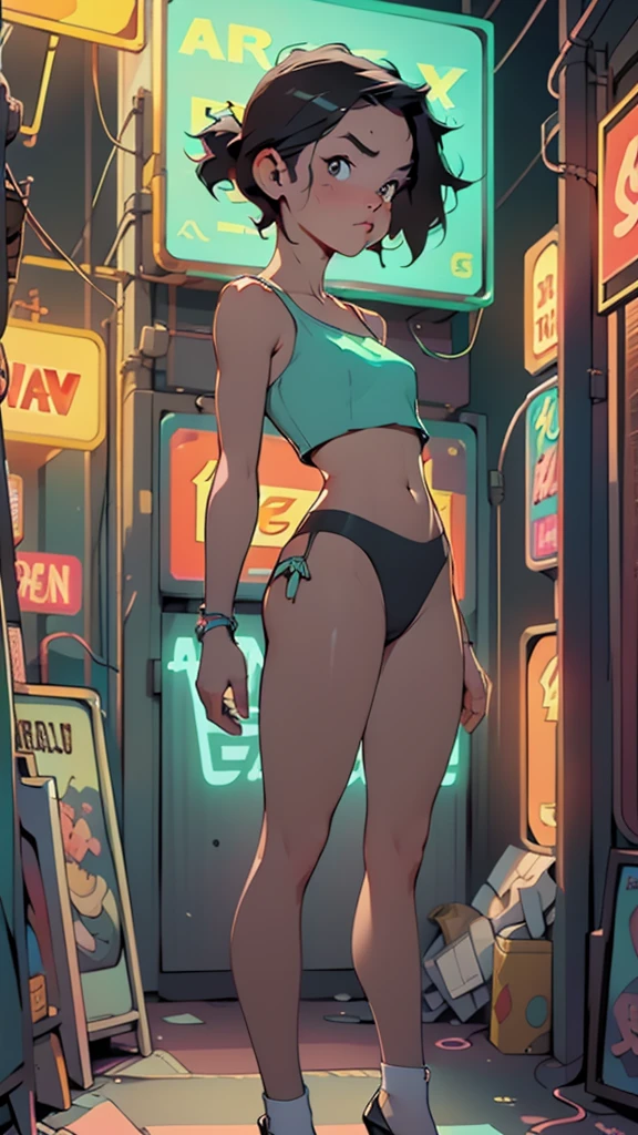 ((masterpiece, highest quality, Highest image quality, High resolution, photorealistic, Raw photo, 8K)), arafed view of a motel with a car parked in front of it, with neon signs, A woman waiting for a guest in front of a motel, seduction, small underwear and high heels, route 6 6, neon signs, 1 9 5 0 s americana tourism, some have neon signs, neon lights outside, neon advertisements, gigantic neon signs, neon shops, by Arnie Swekel, few neon signs, neon signs in background,
(nsfw:0.55), ((flat chested, flat stomach, )), (intense colors), rear view
