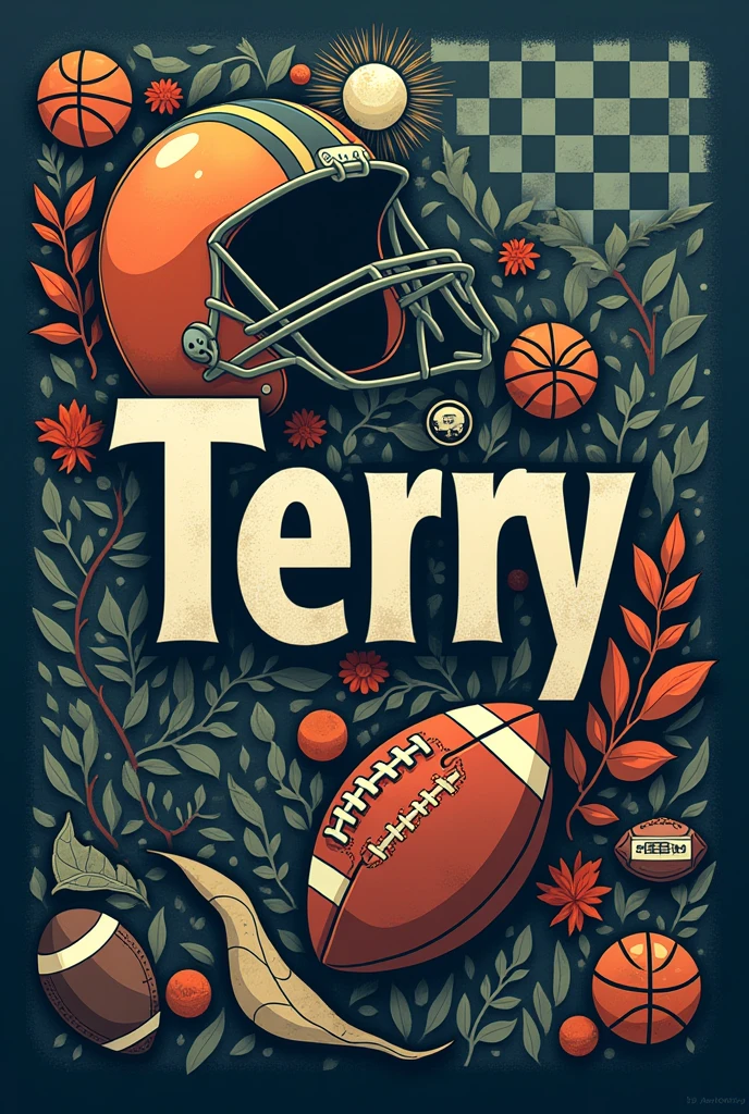 Terry nameplate in US FOOTBALL AND CHESS alphabet THEME DESIGN