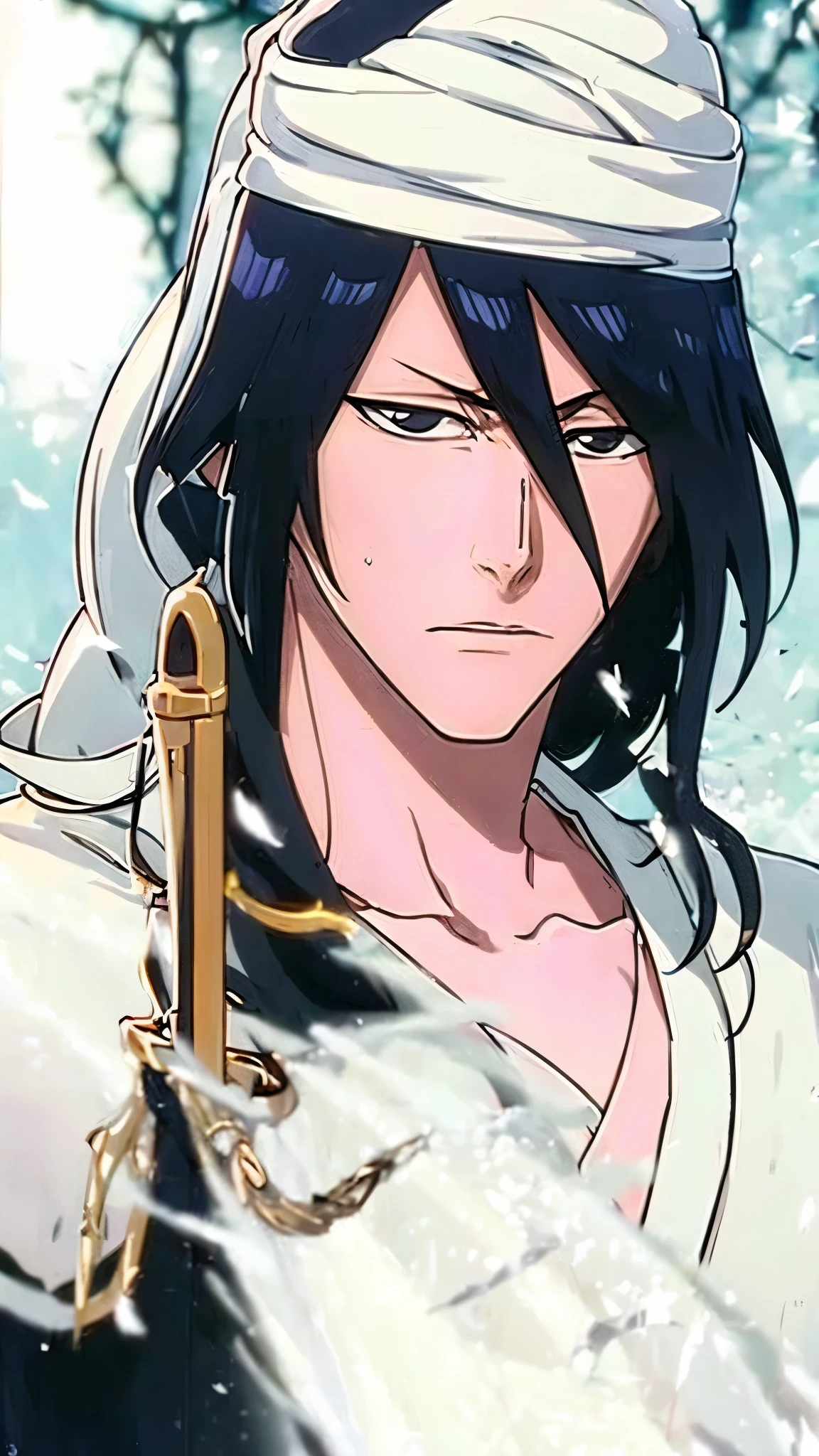 Byakuya Kuchiki from Bleach, handsome, male, black hair, medium-long hair, veil on head(kufiya), face detailed, perfect eyes,black clothes, pale skin, ((best quality)), ((master part)), ((detailed)), 16k, HDR, RTX, (masterpiece, aesthetic: 1.3), (1 man), perfect hands, (dynamic pose:1.2), close-up, portrait.