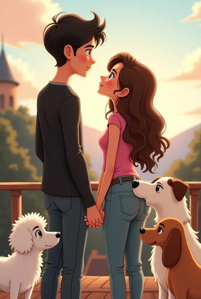 an animated image showing a tall young man, delgado, strong, moreno, black hair, dressed in jeans and a long-sleeved black shirt, to a young woman, long brown hair, short stature, slim, White skin, dressed in jeans and a pink shirt,sitting on a viewing platform accompanied by a white French poodle, small size, a medium-sized long-haired Maltese dog and a large-sized white female dog with brown spots on her back and brown ears 