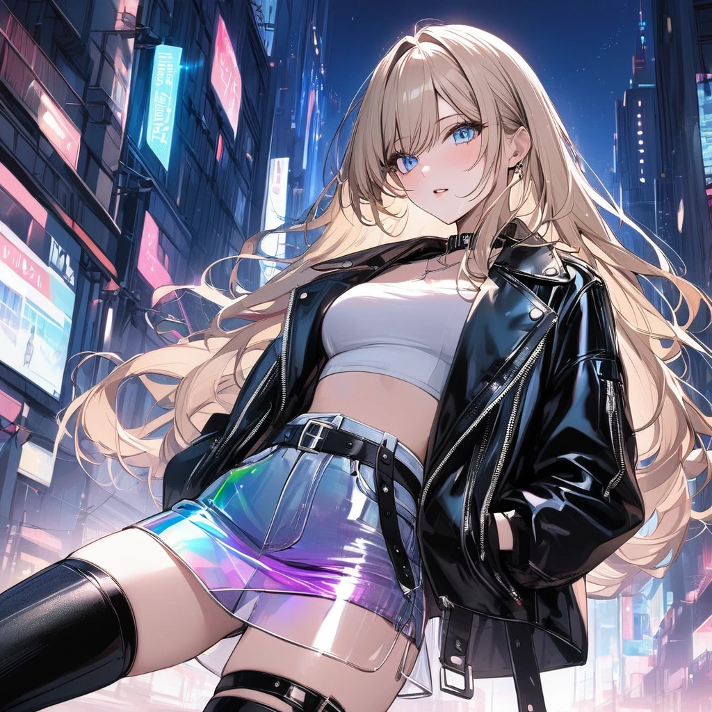 artwork, high quality, detailed background, girl, anime, blonde, long straight hair, light blue eyes,
on her back, wearing long black knee-high boots, transparent iridescent skirt, leather jacket,
in a city, night, colored lights