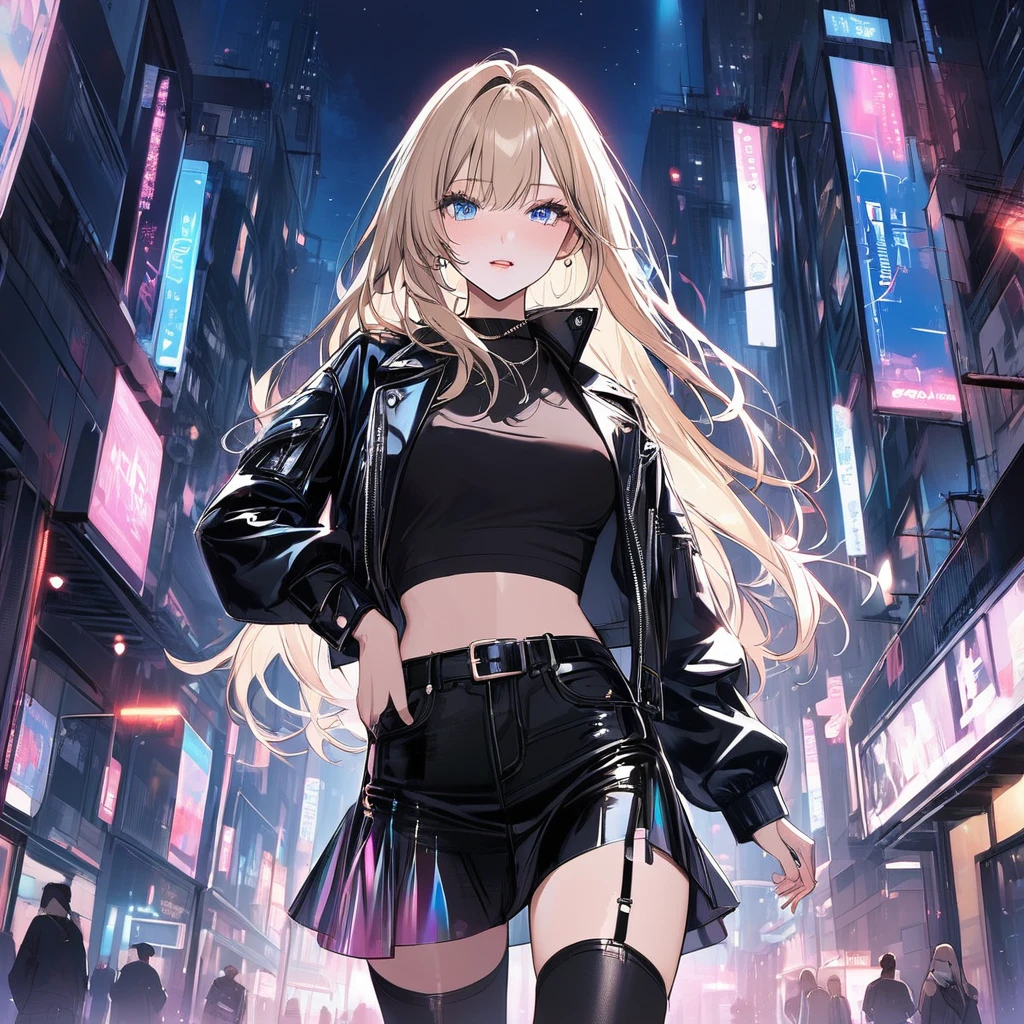 artwork, high quality, detailed background, girl, anime, blonde, long straight hair, light blue eyes,
on her back, wearing long black knee-high boots, transparent iridescent skirt, leather jacket,
in a city, night, colored lights