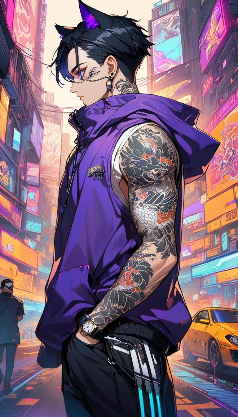 1man, short black hair, cat ears, bright blueviolet eyes, wearing a purple casual jacket, wearing a white undershirt, wearing black pants , wearing a vintage watch, white japanese koi tattoos, tattoos all over the arms, tattoos covering the skin, profile picture, cyberpunk