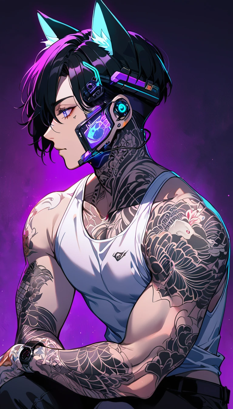 1man, short black hair, cat ears, bright blueviolet eyes, wearing a purple casual jacket, wearing a white undershirt, wearing black pants , wearing a vintage watch, white japanese koi tattoos, tattoos all over the arms, tattoos covering the skin, profile picture, cyberpunk