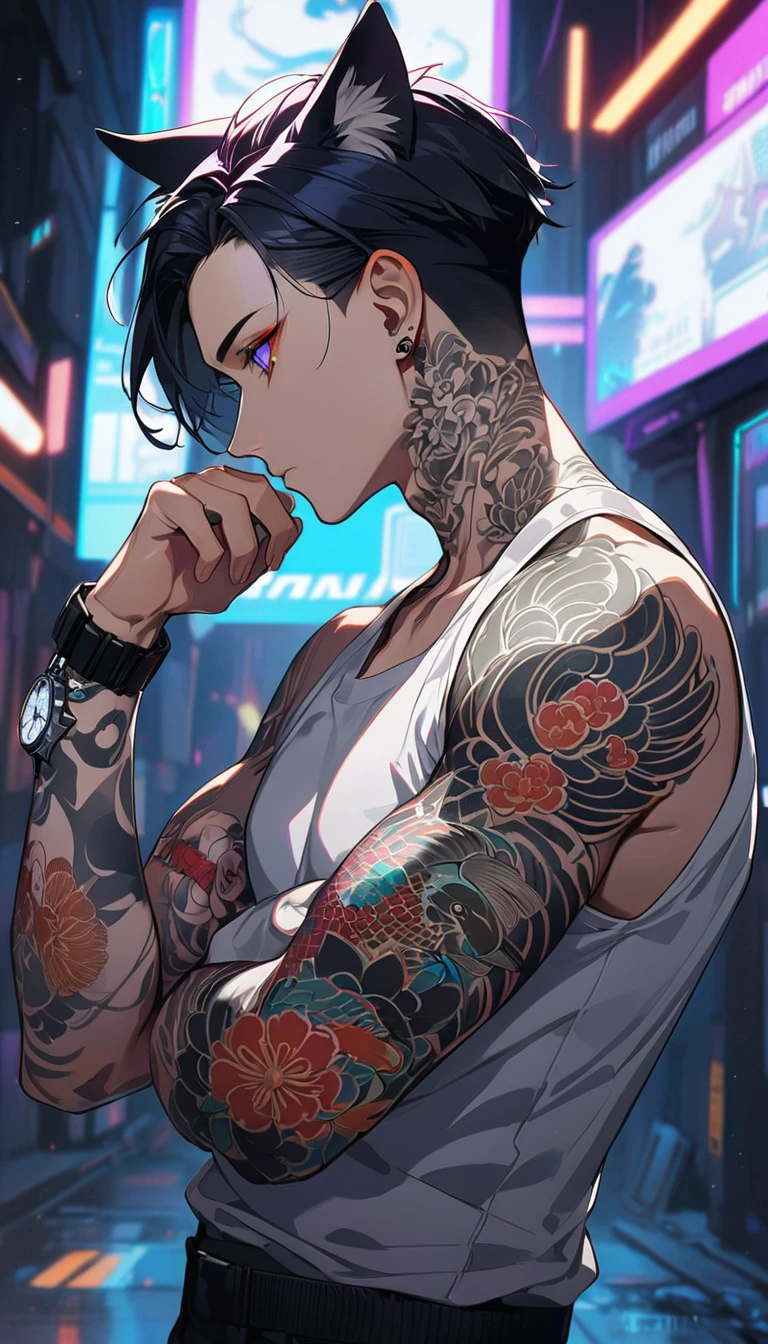 1man, short black hair, cat ears, bright blueviolet eyes, wearing a purple casual jacket, wearing a white undershirt, wearing black pants , wearing a vintage watch, white japanese koi tattoos, tattoos all over the arms, tattoos covering the skin, profile picture, cyberpunk