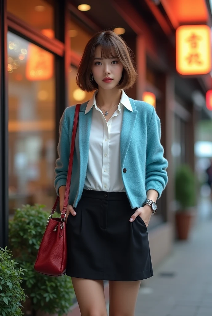 My name Erika, French Spy, code name X-X-O, Portrait , standing pose , front  sushi restaurant , noon ,from Front view,  looking at viewer, Japanese Girls ,(20-year-old),( Beautiful Eyes, Light brown straight short hair, fringe,  Faint lips),(earring, neckless) (C cup breasts, wide hip)  ( Black bra, and Black paneity stockings), (White Shirt, sky blue seater, Black miniskirts), black HI heal) , Louis Vuitton Red shoulder-bag, lady's watch of Seiko,  (masterpiece, highest quality, High resolution, Photo realistic, sharp, RAW Photos, 8k wallpaper, perfection, Professional Lighting, Very detailed)
