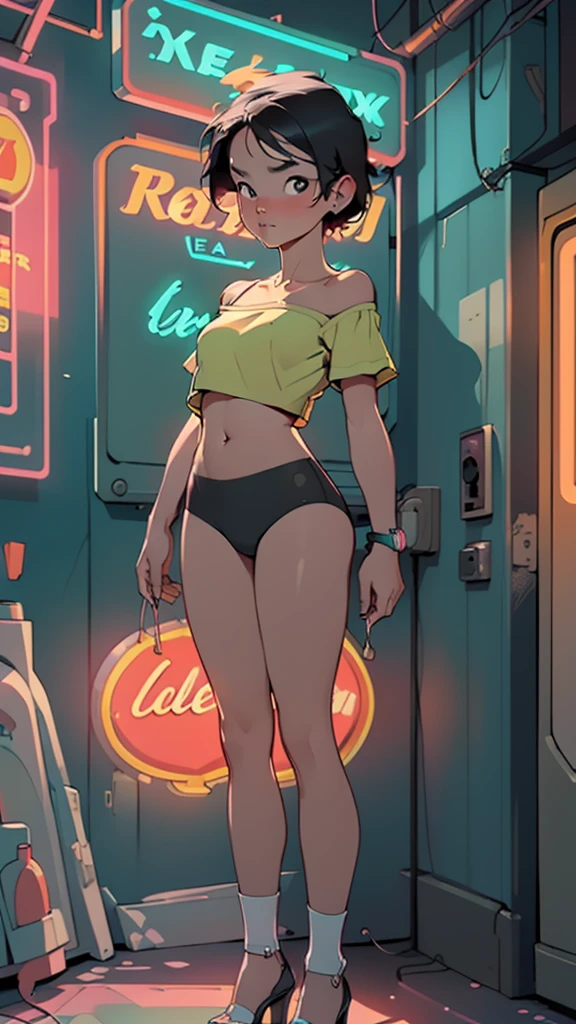 ((masterpiece, highest quality, Highest image quality, High resolution, photorealistic, Raw photo, 8K)), arafed view of a motel with a car parked in front of it, with neon signs, A woman waiting for a guest in front of a motel, seduction, small and thigh thong and high heels, route 6 6, neon signs, 1 9 5 0 s americana tourism, some have neon signs, neon lights outside, neon advertisements, gigantic neon signs, neon shops, by Arnie Swekel, few neon signs, neon signs in background,
(nsfw:0.55), ((flat chested, flat stomach, )), (intense colors), rear view