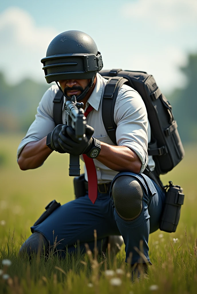 PUBG, Man with white shirt and red tie, Navy Blue Jean Pants with Combat Knee Pads, black military cargo bag, posing crouched pointing with his gun, in open meadow, (((Black level 3 helmet with dark visor covering the eyes))), armed with AK47, in pitched battle, all the dirty clothes.