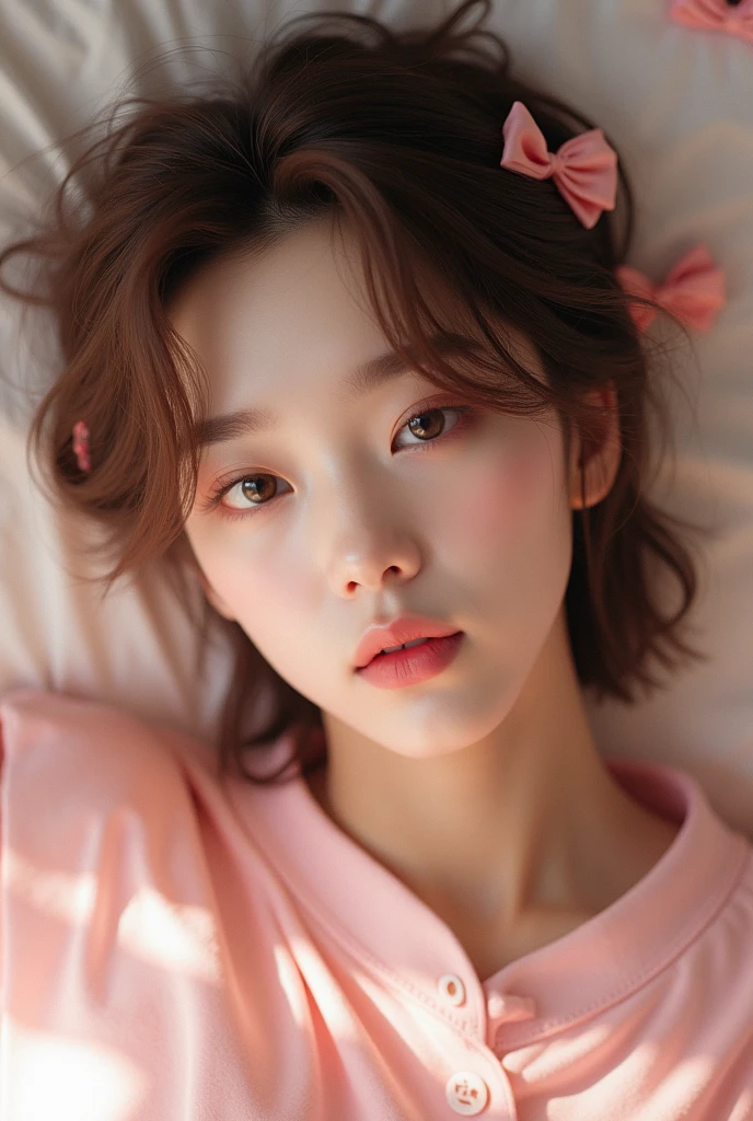 a man with ateez jeong yunho face claim detailed, soft and cute features, oval soft face, doe eyes, round pink lips, pale skin, feminine 
face features, detailed features, laying on a bed, dressed in pink clothes and small pink bows on his brown boy medium hair, slim body and plane chest