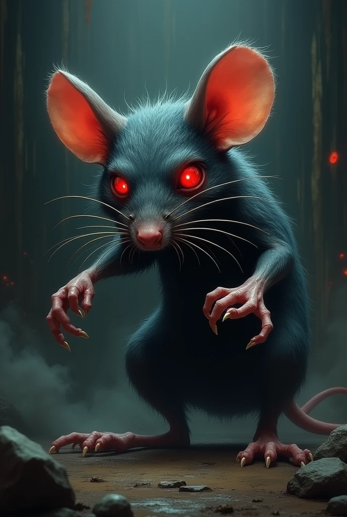 DEMONIC MOUSE WITH BIG PAWS AND BIG NAILS RED EYES AND A BIG NOSE