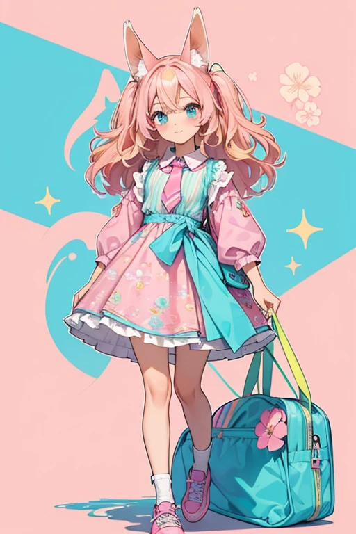 Kamilla is a light tan doll with blonde and pink hair, a kangaroo tail and ears.
Her top is blue with a floral design and her skirt is a pink/blue/green tie-die pattern.
She wears pink shoes and carries a pouch and bottle. SPARKLE; GLITTER